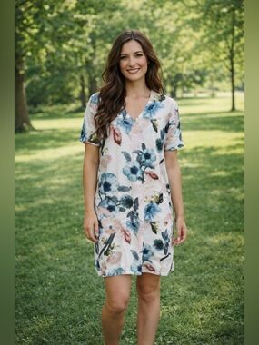ICONE - floral sheath dress with pockets! Small P2P is 21". Measures 34" long.